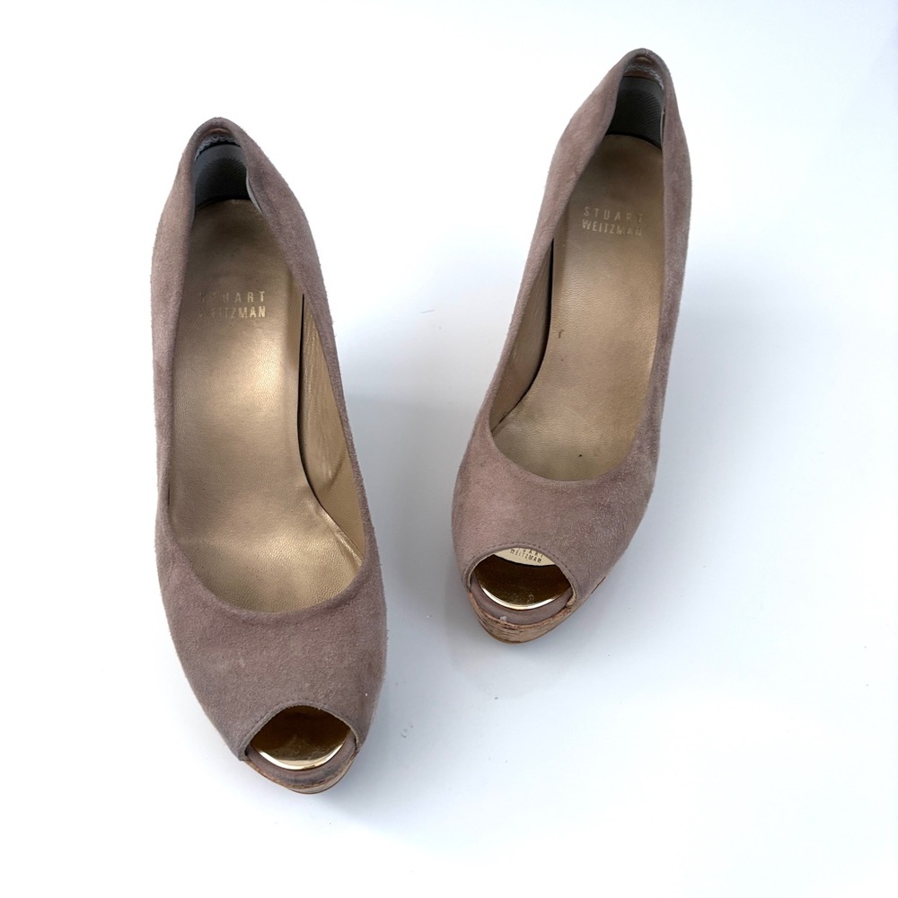Stuart Weitzman | Beige Suede Peep Toe‎ Cork Wedge Shoes Size 6 - Picture 2 of 8